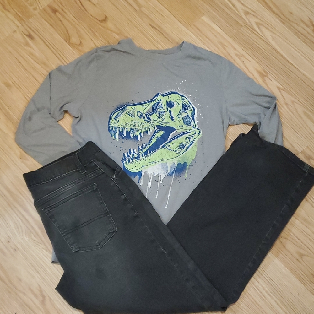 2 pc Set Cat & Jack Dino Graphic Tee L 12/14 Wonder Nation Relaxed  Jeans 12